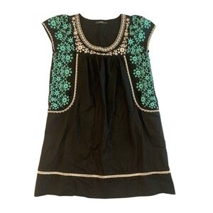 Theme Embroidered Scoopneck Black Lined Cotton‎ Shift Dress Women's Size Small
